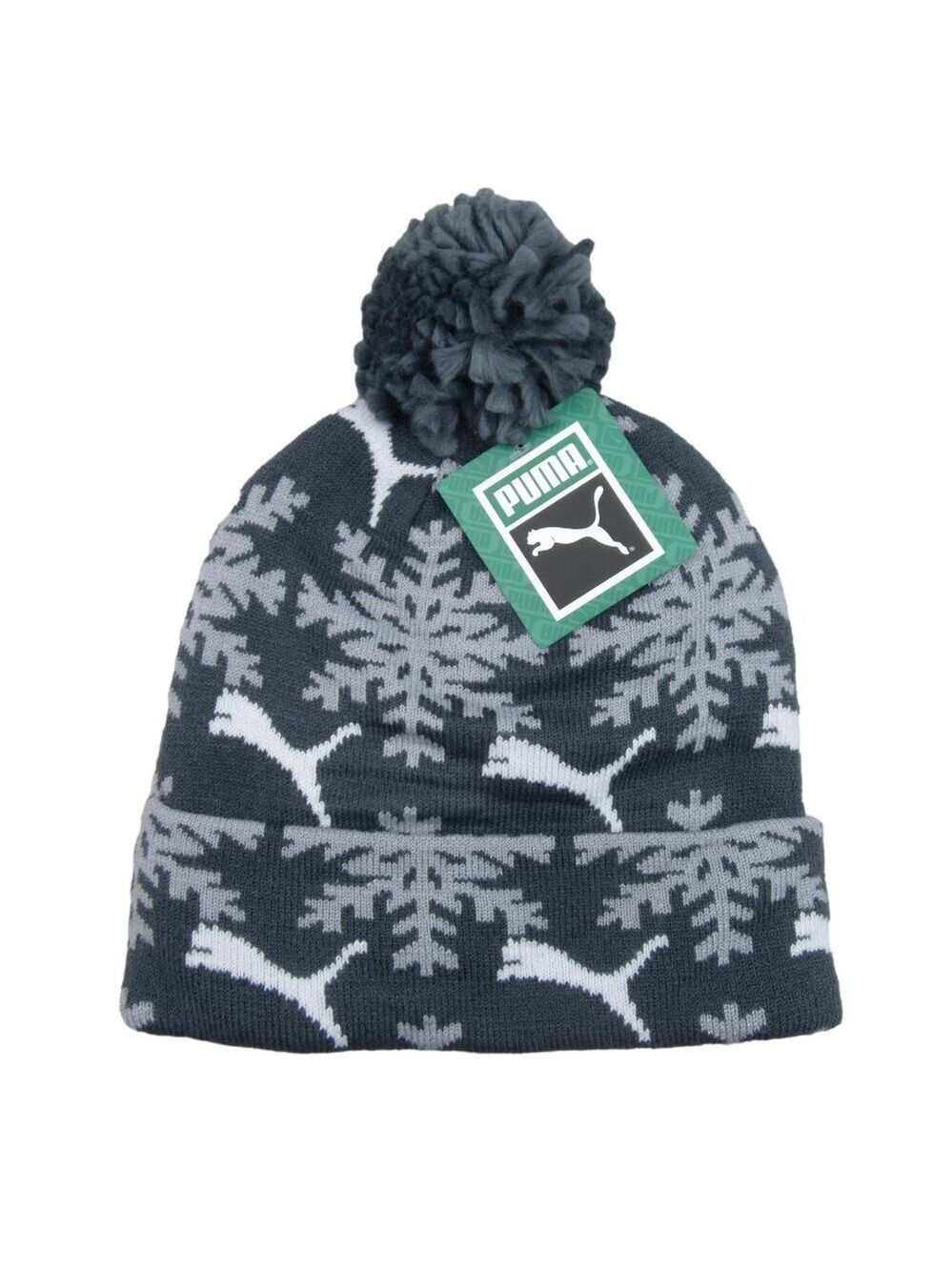 Puma Fair Isle Snowflake Pom Beanie Cap Unisex One Size Fit Grey NEW